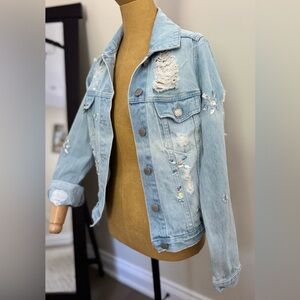 MISS SELFRIDGE Distressed Light Blue Denim Jacket with Gems (US 4)